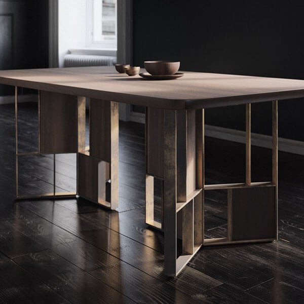 deco dining table with metal base and enriched with wooden elements