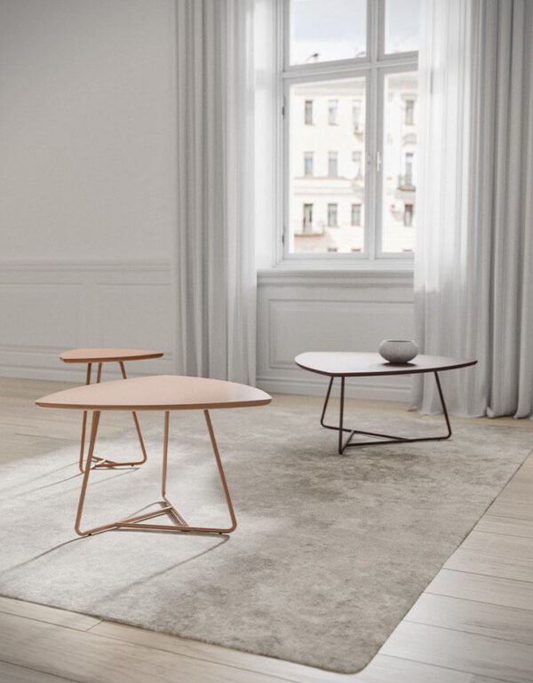 the delta coffee table, a triangular coffee table with a metallic frame