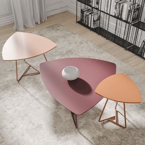 the delta coffee table, a triangular coffee table with a metallic frame