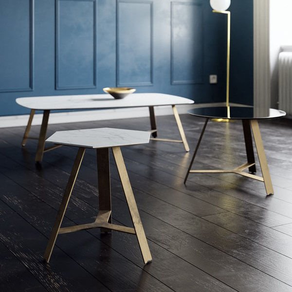 the elegant low table is a coffee table with a steel body. Available in various surface materials and shapes.