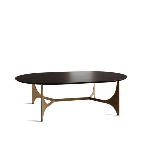 coffee table with a metallic build and an Isola-type surface