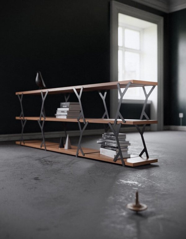 A bookcase with wooden shelves and steel elements that balances with added weight.