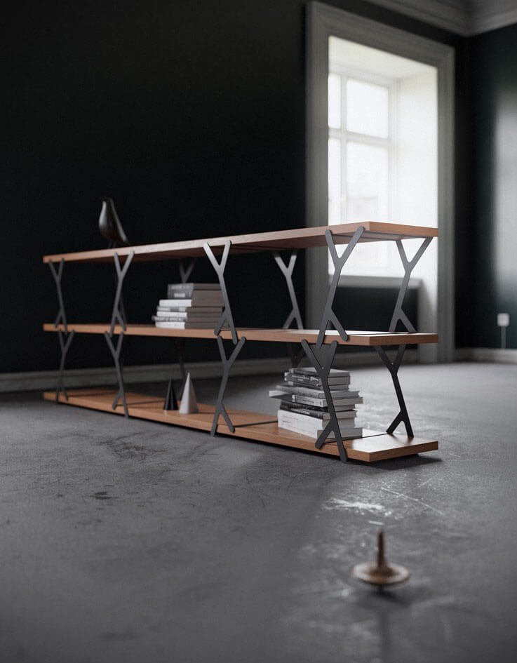 balance bookcase 1 A bookcase with wooden shelves and steel elements that balances with added weight.