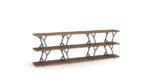 A bookcase with wooden shelves and steel elements that balances with added weight.