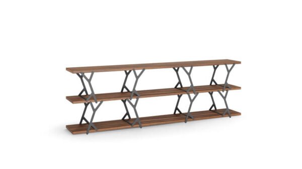 A bookcase with wooden shelves and steel elements that balances with added weight.