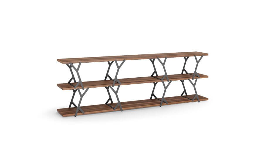 balance bookcase 2 A bookcase with wooden shelves and steel elements that balances with added weight.