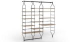 A bookcase with steel frame and wooden shelves.