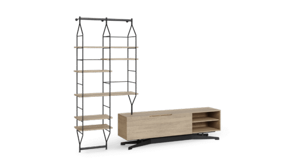 A unit with a wooden TV stand and standing steel shelf unit.