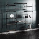 A bookcase with steel frame and wooden shelves.