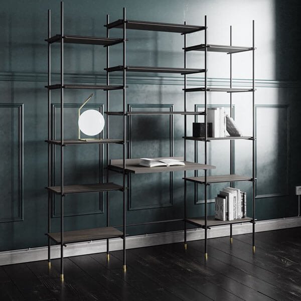 A bookcase with steel frame and wooden shelves.