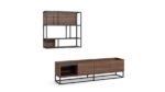 A unit with a wooden TV stand and wall mounted steel shelf unit.