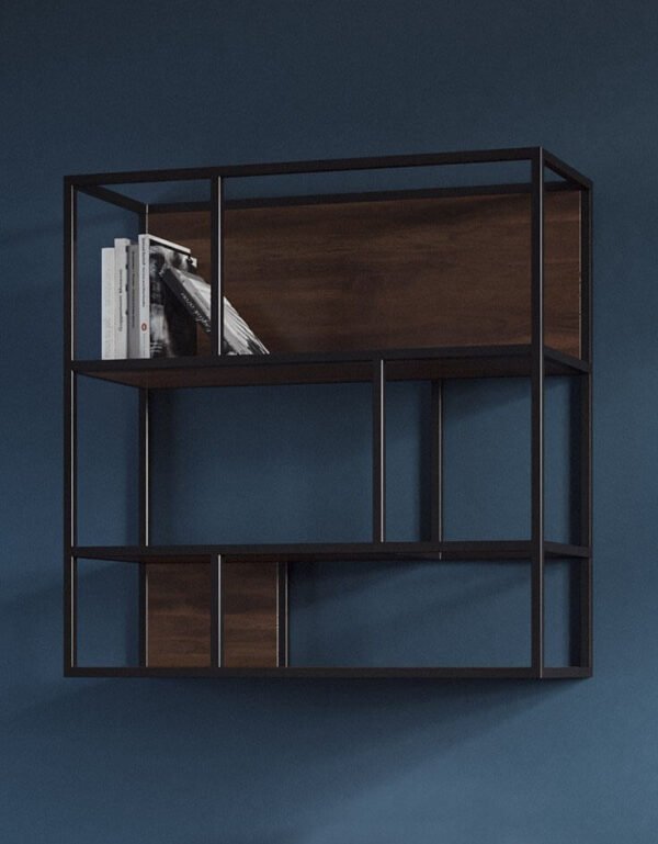 a shelf unit with wooden elements