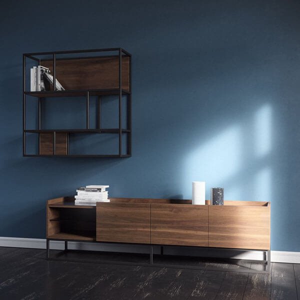 A unit with a wooden TV stand and wall mounted steel shelf unit.