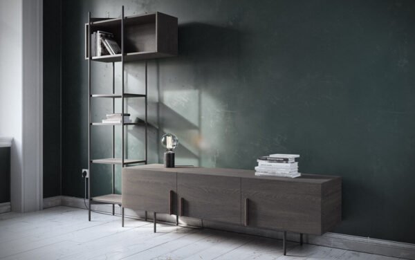 A unit with a wooden TV stand and standing steel shelf unit.