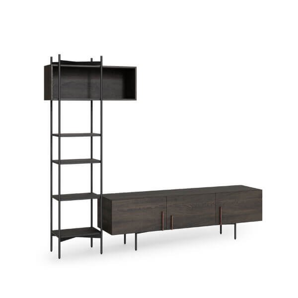 A unit with a wooden TV stand and standing steel shelf unit.