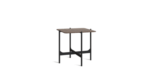 the cross coffee table, with a metallic frame and wooden surface. base in cross shape