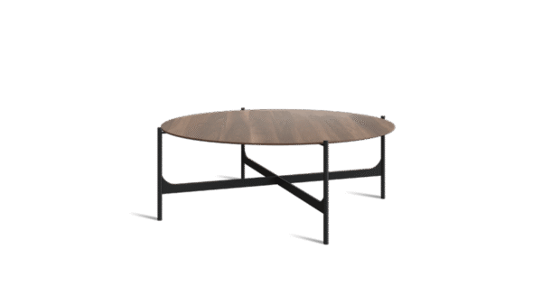 the cross coffee table, with a metallic frame and wooden surface. base in cross shape