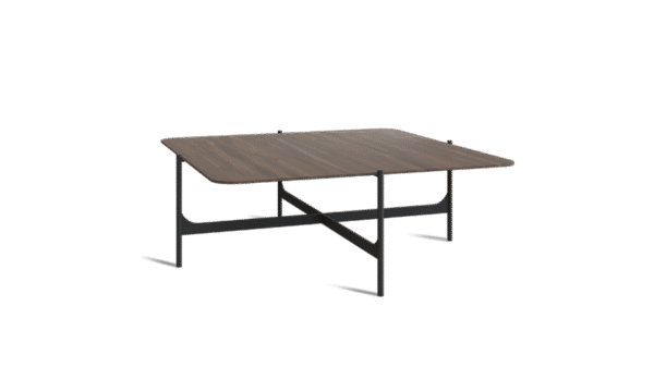 the cross coffee table, with a metallic frame and wooden surface. base in cross shape