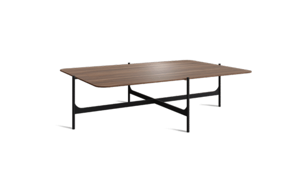 the cross coffee table, with a metallic frame and wooden surface. base in cross shape