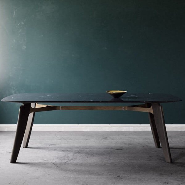 oval table with solid wooden legs, steel elements and barrel top