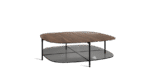 coffee table in the shape of a pebble, and its variation. with tinted glass at the bottom and a variety of surfaces
