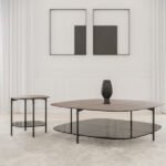 coffee table in the shape of a pebble, and its variation. with tinted glass at the bottom and a variety of surfaces