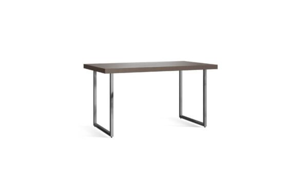 the peer table is a steel table with Π-shaped legs and a wooden surface, here it's in a white background
