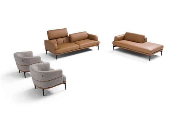 the tiago sofa has a patented manual mechanism, adjustable-height and a backrest which allows for a deeper seat. Its clean, minimalist lines, combined with tall metal legs, create a suspended effect that enhances visual lightness, making it a standout piece in modern interiors.