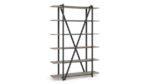 A bookcase with a steel frame and wooden shelves.