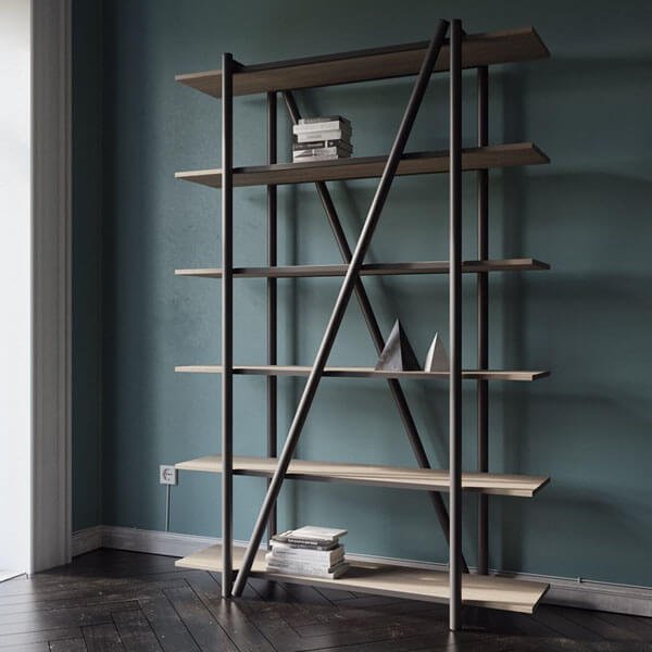 A bookcase with a steel frame and wooden shelves.
