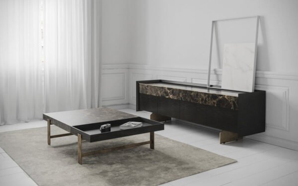 the up and down coffee table, with a metallic frame and wooden and ceramic elements